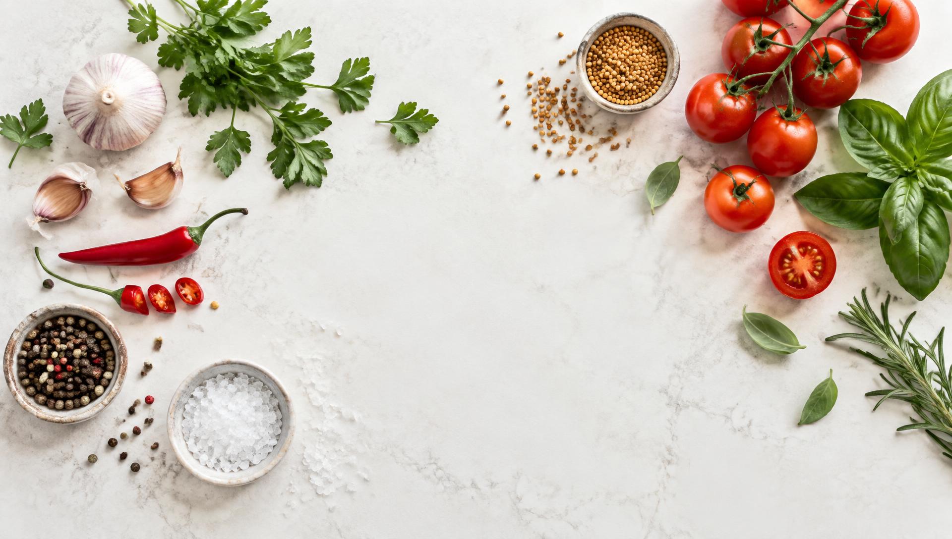 Frische Kräuter, Tomaten, Chili und Gewürze auf heller Steinfläche